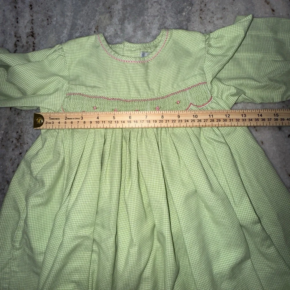 Petit Pomme Smocked Dress Long Sleeve Green Gingham Flowers Toddler Kids Sz 4T